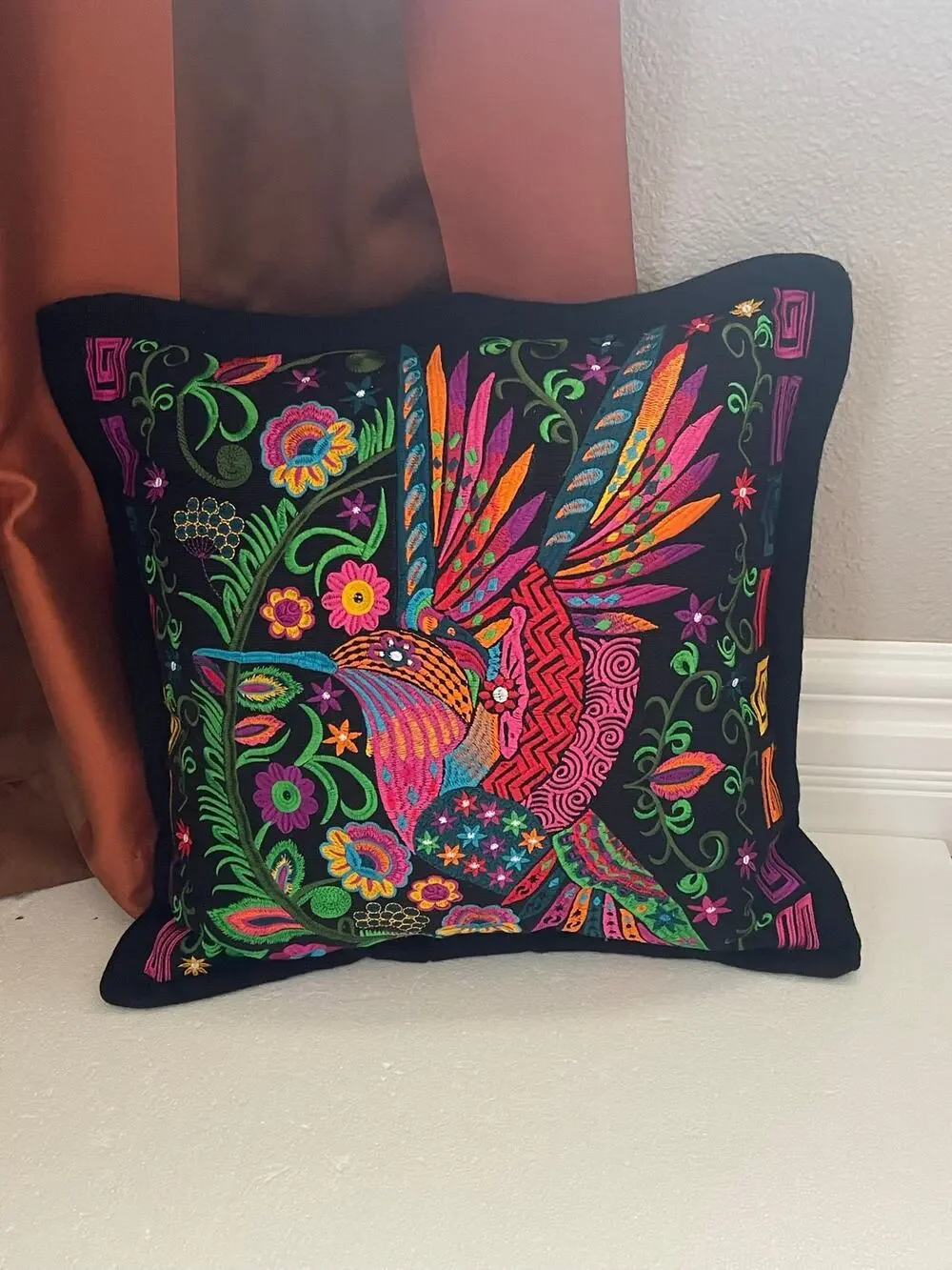 Amazing authentic Mexican hand-embroidered pillow 18” X 18”